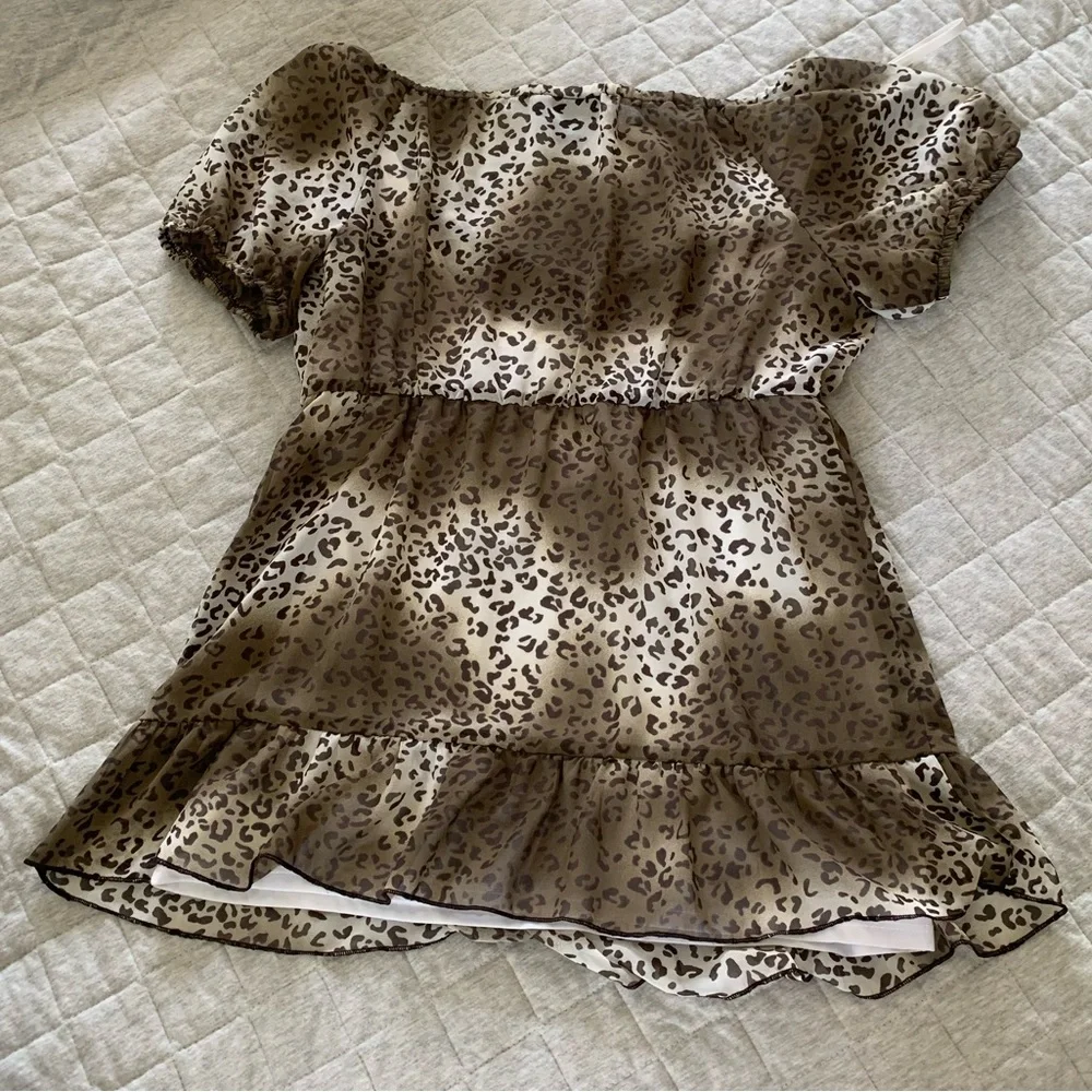 Vintage Y2K AGB cheetah babydoll puff sleeve tie back blouse built in tank top - Picture 4 of 6
